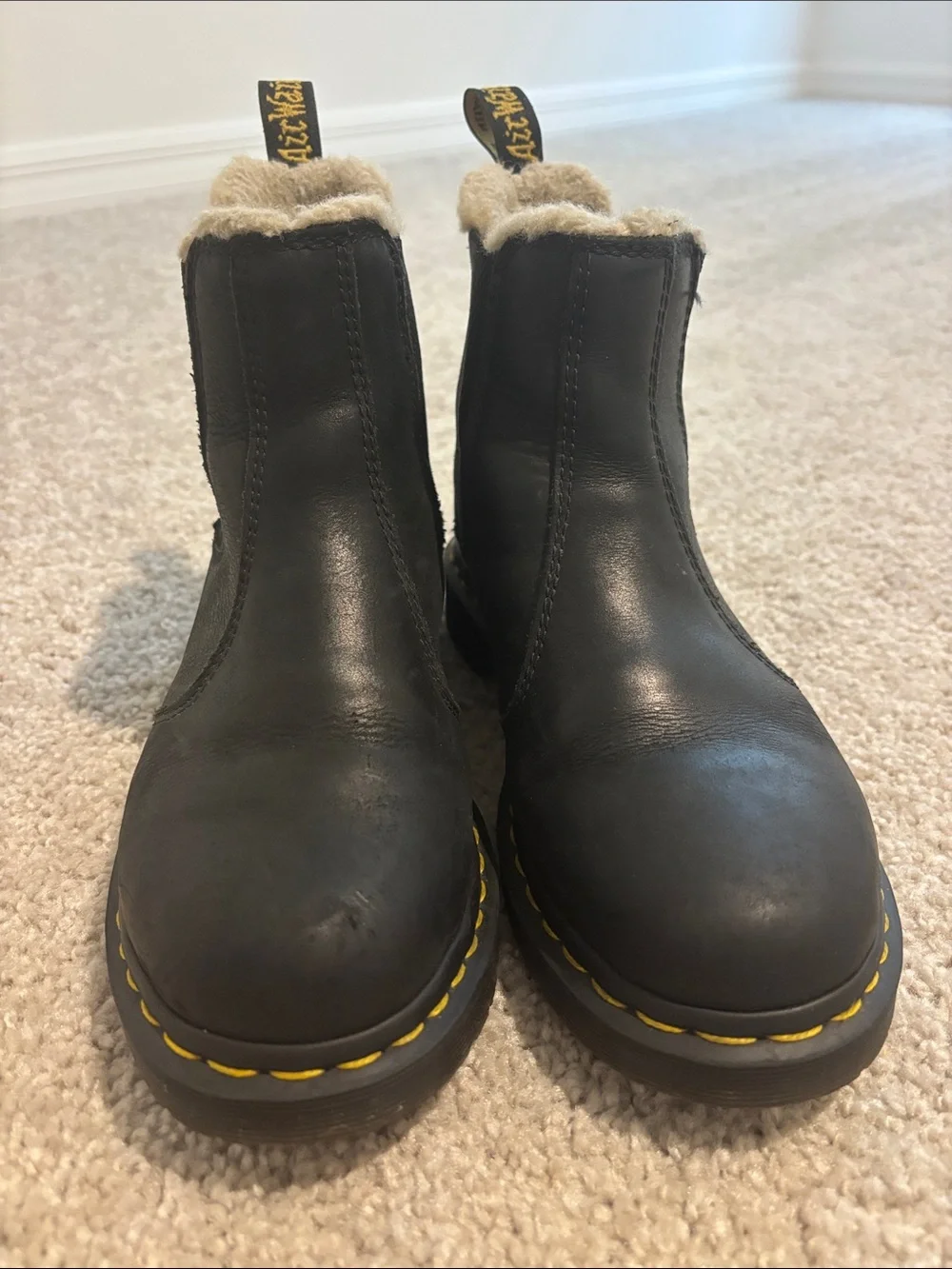 Dr. Martens Black Leather Shearling Chelsea Boots with Yellow Stitching